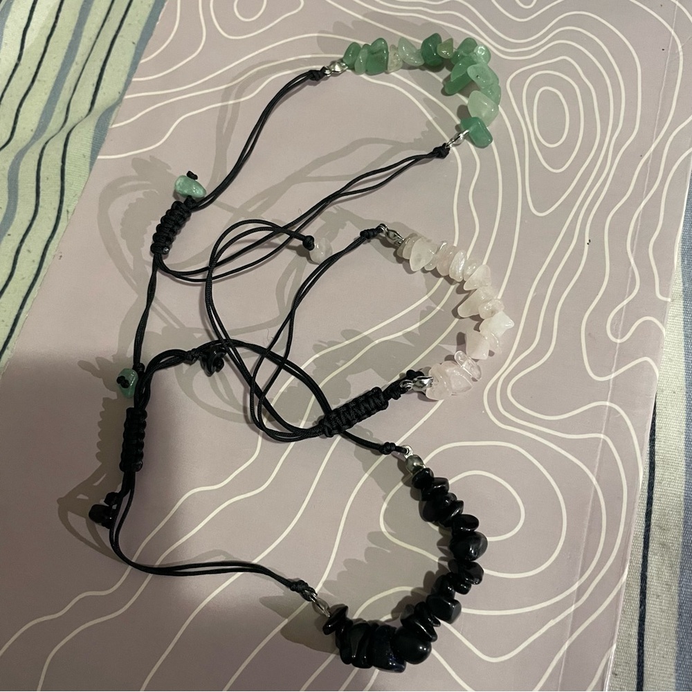 Handcrafted Green, Pink and Black Beaded Adjustable Bracelet Set